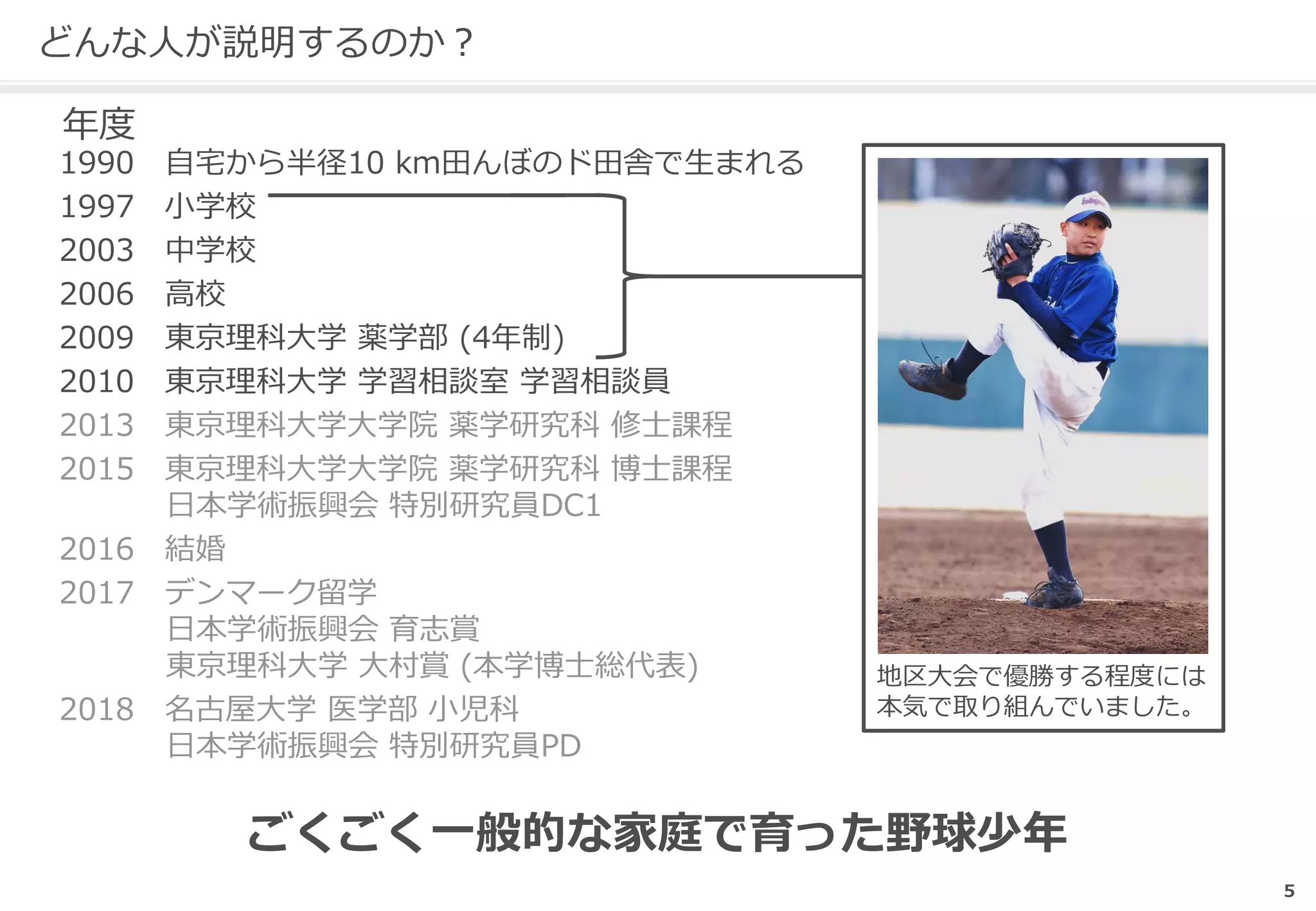 1990 自宅から半径10 km田んぼのド田舎で生まれる
1997 小学校
2003 中学校
2006 高校
2009 東京理科大学 薬学部 (4年制)
2010 東京理科大学 学習相談室 学習相談員
2013 東京理科大学大学院 薬学研究科 修士課程
2015 東京理科大学大学院 薬学研究科 博士課程
日本学術振興会 特別研究員DC1
2016 結婚
2017 デンマーク留学
日本学術振興会 育志賞
東京理科大学 大村賞 (本学博士総代表)
2018 名古屋大学 医学部 小児科
日本学術振興会 特別研究員PD
5
どんな人が説明するのか？
ごくごく一般的な家庭で育った野球少年
地区大会で優勝する程度には
本気で取り組んでいました。
年度
 