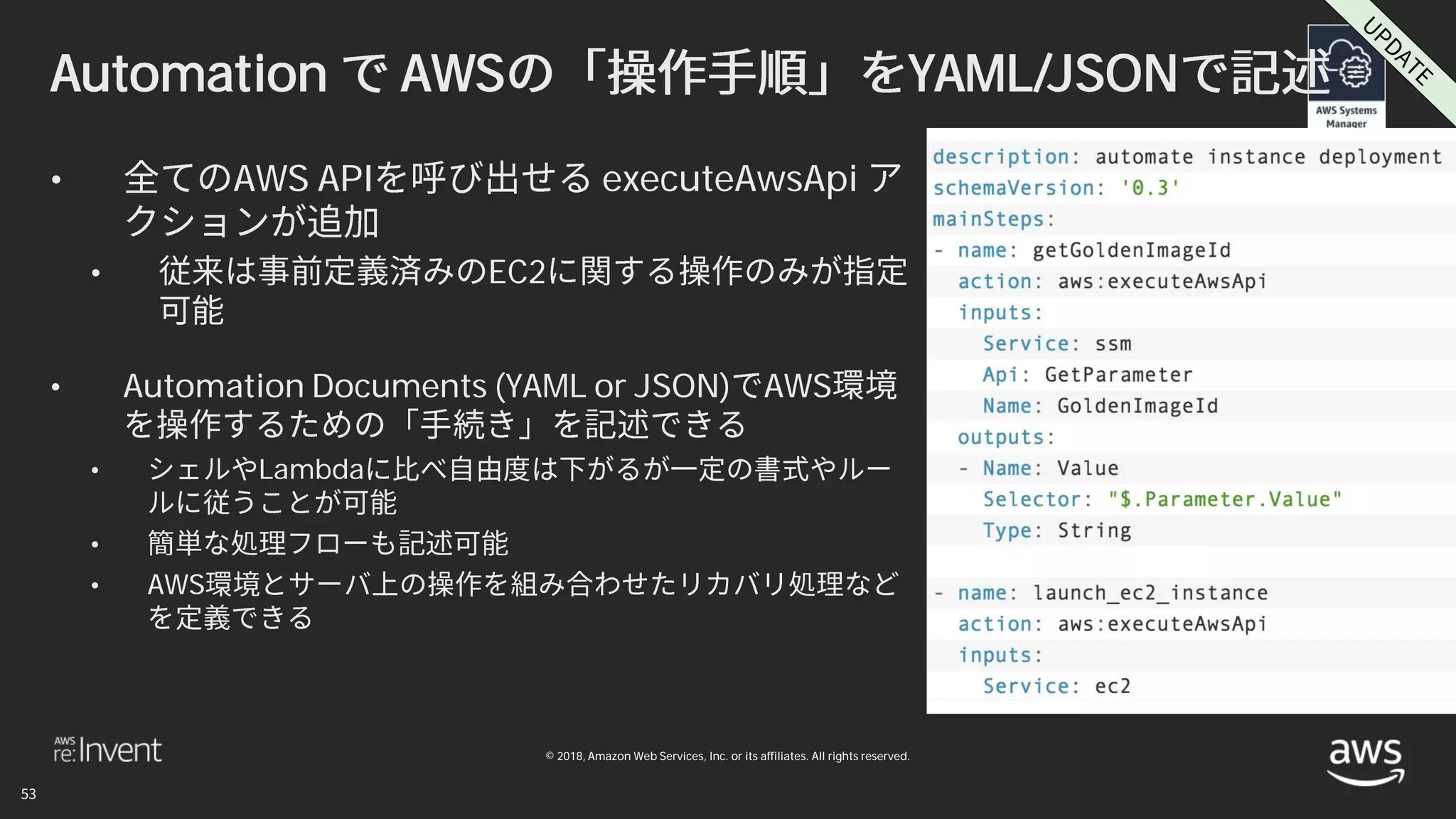 © 2018, Amazon Web Services, Inc. or its affiliates. All rights reserved.
Automation AWS YAML/JSON
• AWS API executeAwsApi
• EC2
• Automation Documents (YAML or JSON) AWS
• Lambda
•
• AWS
 