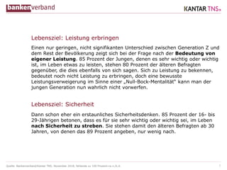 Quelle: Bankenverband/Kantar TNS; November 2018; fehlende zu 100 Prozent=w.n./k.A.
Lebensziel: Leistung erbringen
Einen nur geringen, nicht signifikanten Unterschied zwischen Generation Z und
dem Rest der Bevölkerung zeigt sich bei der Frage nach der Bedeutung von
eigener Leistung. 85 Prozent der Jungen, denen es sehr wichtig oder wichtig
ist, im Leben etwas zu leisten, stehen 80 Prozent der älteren Befragten
gegenüber, die dies ebenfalls von sich sagen. Sich zu Leistung zu bekennen,
bedeutet noch nicht Leistung zu erbringen, doch eine bewusste
Leistungsverweigerung im Sinne einer „Null-Bock-Mentalität“ kann man der
jungen Generation nun wahrlich nicht vorwerfen.
Dann schon eher ein erstaunliches Sicherheitsdenken. 85 Prozent der 16- bis
29-Jährigen betonen, dass es für sie sehr wichtig oder wichtig sei, im Leben
nach Sicherheit zu streben. Sie stehen damit den älteren Befragten ab 30
Jahren, von denen das 89 Prozent angeben, nur wenig nach.
7
Lebensziel: Sicherheit
 