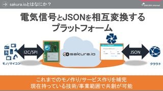 sakura.ioとはなにか？
76
クラウドモノ/マイコン
電気信号とJSONを相互変換する
プラットフォーム
I2C/SPI JSON
これまでのモノ作り/サービス作りを補完
現在持っている技術/事業範囲で共創が可能
 