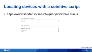 Locating devices with a coinhive script
• https://www.shodan.io/search?query=coinhive.min.js
23
accessed 9th Nov 2018
 