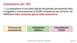 Cessazione (art. 95)
Copyright© Omniavis srl - www.omniavis.it - info@omniavis.it pagina 109
1. La cessazione di una delle attività disciplinate dal presente titolo
è soggetta a comunicazione al SUAP competente per territorio, da
effettuarsi entro sessanta giorni dalla cessazione.
Chiusura del
locale/attività
Cessazione
effettiva
Cancellazione
CCIAA
 