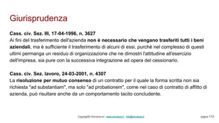 Giurisprudenza
Copyright© Omniavis srl - www.omniavis.it - info@omniavis.it pagina 113
Cass. civ. Sez. III, 17-04-1996, n. 3627
Ai fini del trasferimento dell'azienda non è necessario che vengano trasferiti tutti i beni
aziendali, ma è sufficiente il trasferimento di alcuni di essi, purchè nel complesso di questi
ultimi permanga un residuo di organizzazione che ne dimostri l'attitudine all'esercizio
dell'impresa, sia pure con la successiva integrazione ad opera del cessionario.
Cass. civ. Sez. lavoro, 24-03-2001, n. 4307
La risoluzione per mutuo consenso di un contratto per il quale la forma scritta non sia
richiesta "ad substantiam", ma solo "ad probationem", come nel caso di contratto di affitto di
azienda, può risultare anche da un comportamento tacito concludente.
 