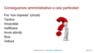 Conseguenze amministrative e casi particolari
Copyright© Omniavis srl - www.omniavis.it - info@omniavis.it pagina 115
Fra “non imprese” (circoli)
Tardivo
Irricevibile
Inefficace
Avvio attività
Scia
Voltura
 