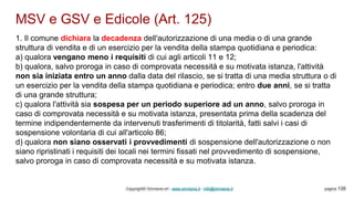 MSV e GSV e Edicole (Art. 125)
Copyright© Omniavis srl - www.omniavis.it - info@omniavis.it pagina 138
1. Il comune dichiara la decadenza dell'autorizzazione di una media o di una grande
struttura di vendita e di un esercizio per la vendita della stampa quotidiana e periodica:
a) qualora vengano meno i requisiti di cui agli articoli 11 e 12;
b) qualora, salvo proroga in caso di comprovata necessità e su motivata istanza, l'attività
non sia iniziata entro un anno dalla data del rilascio, se si tratta di una media struttura o di
un esercizio per la vendita della stampa quotidiana e periodica; entro due anni, se si tratta
di una grande struttura;
c) qualora l'attività sia sospesa per un periodo superiore ad un anno, salvo proroga in
caso di comprovata necessità e su motivata istanza, presentata prima della scadenza del
termine indipendentemente da intervenuti trasferimenti di titolarità, fatti salvi i casi di
sospensione volontaria di cui all'articolo 86;
d) qualora non siano osservati i provvedimenti di sospensione dell'autorizzazione o non
siano ripristinati i requisiti dei locali nei termini fissati nel provvedimento di sospensione,
salvo proroga in caso di comprovata necessità e su motivata istanza.
 