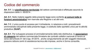 Codice del commercio
Copyright© Omniavis srl - www.omniavis.it - info@omniavis.it pagina 16
Art. 5-1. La pianificazione territoriale del settore commerciale è effettuata secondo le
disposizioni della l.r. 65/2014 .
Art. 6-1. Nelle materie oggetto della presente legge sono conferite ai comuni tutte le
funzioni amministrative non riservate alla Regione o ad altri enti.
Art. 7-1. L'unico punto di accesso per il richiedente, in relazione a tutti i procedimenti
amministrativi disciplinati dalla presente legge, è costituito dallo sportello unico per le attività
produttive (SUAP)
Art. 8-1. Per sviluppare processi di ammodernamento della rete distributiva, le associazioni
di categoria del settore commerciale firmatarie dei contratti collettivi nazionali di lavoro ai
sensi dell’articolo 51 del d.lgs. 81/2015 , anche congiuntamente ad altri soggetti interessati,
possono istituire centri di assistenza tecnica alle imprese, anche in forma consortile.
 