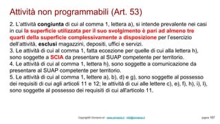 Attività non programmabili (Art. 53)
Copyright© Omniavis srl - www.omniavis.it - info@omniavis.it pagina 167
2. L’attività congiunta di cui al comma 1, lettera a), si intende prevalente nei casi
in cui la superficie utilizzata per il suo svolgimento è pari ad almeno tre
quarti della superficie complessivamente a disposizione per l’esercizio
dell’attività, esclusi magazzini, depositi, uffici e servizi.
3. Le attività di cui al comma 1, fatta eccezione per quelle di cui alla lettera h),
sono soggette a SCIA da presentare al SUAP competente per territorio.
4. Le attività di cui al comma 1, lettera h), sono soggette a comunicazione da
presentare al SUAP competente per territorio.
5. Le attività di cui al comma 1, lettere a), b), d) e g), sono soggette al possesso
dei requisiti di cui agli articoli 11 e 12; le attività di cui alle lettere c), e), f), h), i), l),
sono soggette al possesso dei requisiti di cui all'articolo 11.
 