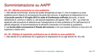 Somministrazione su AAPP
Copyright© Omniavis srl - www.omniavis.it - info@omniavis.it pagina 170
Art. 55 - Attività economiche su aree pubbliche
1. Alle attività commerciali, diverse da quelle disciplinate al capo V, che si svolgono su area
pubblica previo rilascio di concessione da parte del comune, si applicano le disposizioni di cui
all'accordo sancito il 16 luglio 2015 in sede di Conferenza unificata (Accordo, ai sensi
dell'articolo 9, comma 2, lettera c), del decreto legislativo 28 agosto 1997, n. 281 , sui criteri da
applicare alle procedure di selezione per l'assegnazione di aree pubbliche ai fini dell'esercizio di
attività artigianali, di somministrazione di alimenti e bevande e di rivendita di quotidiani).
2. La durata della concessione è fissata dal comune e non può essere inferiore a nove anni né
superiore a dodici anni.
Art. 56 - Obbligo di regolarità contributiva per le attività su aree pubbliche
1. Alle attività di cui all'articolo 55 si applicano le disposizioni di cui agli articoli 44, 45 e 46.
 