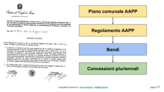 Copyright© Omniavis srl - www.omniavis.it - info@omniavis.it pagina 171
Piano comunale AAPP
Regolamento AAPP
Bandi
Concessioni pluriennali
 
