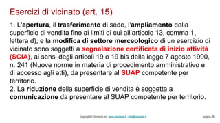 Esercizi di vicinato (art. 15)
Copyright© Omniavis srl - www.omniavis.it - info@omniavis.it pagina 38
1. L'apertura, il trasferimento di sede, l'ampliamento della
superficie di vendita fino ai limiti di cui all’articolo 13, comma 1,
lettera d), e la modifica di settore merceologico di un esercizio di
vicinato sono soggetti a segnalazione certificata di inizio attività
(SCIA), ai sensi degli articoli 19 o 19 bis della legge 7 agosto 1990,
n. 241 (Nuove norme in materia di procedimento amministrativo e
di accesso agli atti), da presentare al SUAP competente per
territorio.
2. La riduzione della superficie di vendita è soggetta a
comunicazione da presentare al SUAP competente per territorio.
 