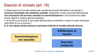 Esercizi di vicinato (art. 15)
Copyright© Omniavis srl - www.omniavis.it - info@omniavis.it pagina 39
3. Negli esercizi di vicinato abilitati alla vendita dei prodotti alimentari è consentito il
consumo immediato dei medesimi prodotti, utilizzando i locali e gli arredi dell’azienda
con esclusione del servizio assistito di somministrazione e con l’osservanza delle
norme vigenti in materia igienico-sanitaria.
4. Ai fini di cui al comma 3, per locali dell’esercizio si intendono i locali e le aree individuati
nella SCIA di cui al comma 1.
5. In uno stesso locale possono esercitare l'attività di vendita aziende diverse.
Somministrazione
non assistita
Affidamento di
reparto
Esercizio
congiunto
 