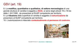 GSV (art. 19)
Copyright© Omniavis srl - www.omniavis.it - info@omniavis.it pagina 45
8. La modifica, quantitativa o qualitativa, di settore merceologico di una
grande struttura di vendita è soggetta a SCIA, ai sensi degli articoli 19 o 19 bis
della l. 241/1990 , da presentare al SUAP competente per territorio.
9. La riduzione della superficie di vendita è soggetta a comunicazione da
presentare al SUAP competente per territorio.
10. L’autorizzazione è rilasciata contestualmente al permesso di costruire.
 