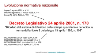 Evoluzione normativa nazionale
Copyright© Omniavis srl - www.omniavis.it - info@omniavis.it pagina 57
Legge 5 agosto 1981, n. 416
Decreto legislativo 31 marzo 1998, n. 114
Legge 13 aprile 1999, n. 108
Decreto Legislativo 24 aprile 2001, n. 170
"Riordino del sistema di diffusione della stampa quotidiana e periodica, a
norma dell'articolo 3 della legge 13 aprile 1999, n. 108"
DECRETO-LEGGE 6 luglio 2011, n. 98
DECRETO-LEGGE 24 gennaio 2012, n. 1
DECRETO-LEGGE 18 ottobre 2012, n. 179
DECRETO-LEGGE 24 aprile 2017, n. 50
 