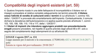 Compatibilità degli impianti esistenti (art. 59)
Copyright© Omniavis srl - www.omniavis.it - info@omniavis.it pagina 79
4. Qualora l'impianto ricada in una delle fattispecie di incompatibilità e il titolare non si
impegni a procedere al relativo completo adeguamento nei termini prescritti, il titolare
cessa l'attività di vendita di carburanti entro i termini di cui all'articolo 1, comma 103,
della l. 124/2017 e provvede allo smantellamento dell'impianto. Contestualmente, il comune
dichiara la decadenza dell'autorizzazione e si applica quanto previsto all'articolo 1, commi
103, 105, 108, 109, 110, 116 e 117, della l. 124/2017 .
5. I titolari di impianti che intendono aggiungere prodotti non precedentemente
erogati possono procedere, nel rispetto di quanto previsto dagli articoli 66 e 67, solo a
seguito del completamento degli adempimenti di cui all'articolo 58.
 