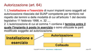 Autorizzazione (art. 64)
Copyright© Omniavis srl - www.omniavis.it - info@omniavis.it pagina 85
1. L'installazione e l'esercizio di nuovi impianti sono soggetti ad
autorizzazione rilasciata dal SUAP competente per territorio nel
rispetto dei termini e delle modalità di cui all'articolo 1 del decreto
legislativo 11 febbraio 1998, n. 32 ....
2. L'autorizzazione di cui al comma 1 contiene il termine entro il
quale l'impianto è posto in esercizio o sono utilizzate le parti
modificate soggette ad autorizzazione.
Installazione e
esercizio
Autorizzazione
Collaudo
 