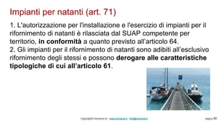 Impianti per natanti (art. 71)
Copyright© Omniavis srl - www.omniavis.it - info@omniavis.it pagina 90
1. L'autorizzazione per l'installazione e l'esercizio di impianti per il
rifornimento di natanti è rilasciata dal SUAP competente per
territorio, in conformità a quanto previsto all’articolo 64.
2. Gli impianti per il rifornimento di natanti sono adibiti all’esclusivo
rifornimento degli stessi e possono derogare alle caratteristiche
tipologiche di cui all’articolo 61.
 