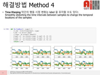 • Time Warping 약간의 행동 시점 변화는 label 을 유지할 수도 있다:
Smoothly distorting the time intervals between samples to change the temporal
locations of the samples
해결방법 Method 4
15
• 논문 및 Terry Taewoong Um 페이스북 게시글 참고
• https://github.com/terryum/Data-Augmentation-For-Wearable-Sensor-Data/blob/master/Example_DataAugmentation_TimeseriesData.ipynb
 