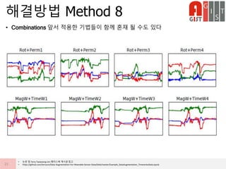 • Combinations 앞서 적용한 기법들이 함께 혼재 될 수도 있다
해결방법 Method 8
21
• 논문 및 Terry Taewoong Um 페이스북 게시글 참고
• https://github.com/terryum/Data-Augmentation-For-Wearable-Sensor-Data/blob/master/Example_DataAugmentation_TimeseriesData.ipynb
 