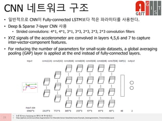 • 일반적으로 CNN이 Fully-connected LSTM보다 적은 파라미터를 사용한다.
• Deep & Sparse 7-layer CNN 사용
• Strided convolutions: 4*1, 4*1, 3*1, 3*3, 2*3, 2*3, 2*3 convolution filters
• XYZ signals of the accelerometer are convolved in layers 4,5,6 and 7 to capture
inter-vector-component features.
• For reducing the number of parameters for small-scale datasets, a global averaging
pooling (GAP) layer is applied at the end instead of fully-connected layers.
CNN 네트워크 구조
23
• 논문 및 Terry Taewoong Um 페이스북 게시글 참고
• https://github.com/terryum/Data-Augmentation-For-Wearable-Sensor-Data/blob/master/Example_DataAugmentation_TimeseriesData.ipynb
 