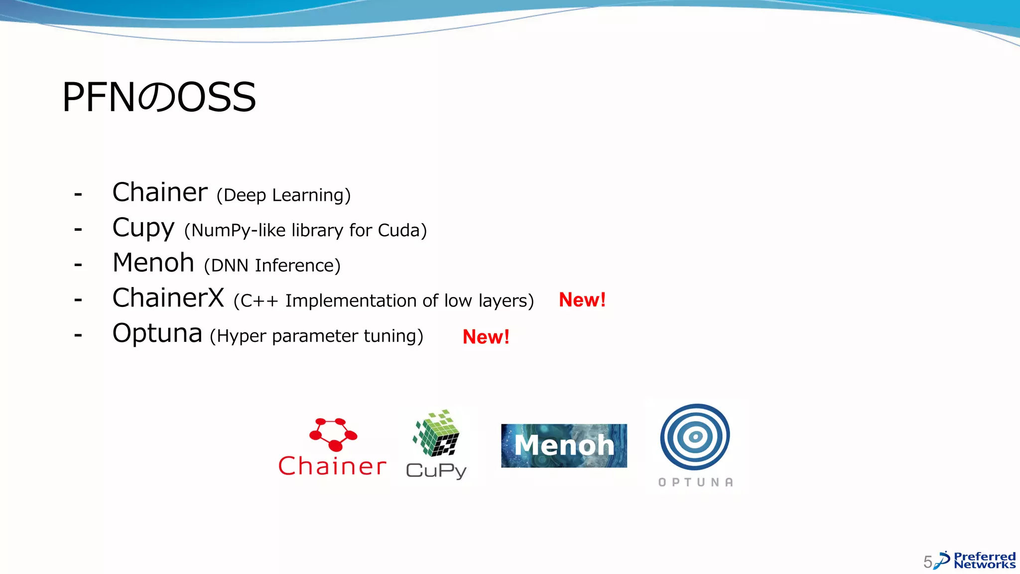 PFNのOSS
- Chainer (Deep Learning)
- Cupy (NumPy-like library for Cuda)
- Menoh (DNN Inference)
- ChainerX (C++ Implementation of low layers)
- Optuna (Hyper parameter tuning)
5
New!
New!
 