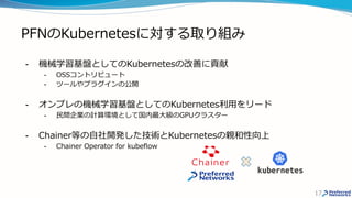 PFNのKubernetesに対する取り組み
- 機械学習基盤としてのKubernetesの改善に貢献
- OSSコントリビュート
- ツールやプラグインの公開
- オンプレの機械学習基盤としてのKubernetes利用をリード
- 民間企業の計算環境として国内最大級のGPUクラスター
- Chainer等の自社開発した技術とKubernetesの親和性向上
- Chainer Operator for kubeflow
17
 