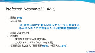 Preferred Networksについて
- 通称: PFN
- ミッション
- 設立: 2014年3月
- 所在地:
- 東京都千代田区大手町(日本)
- カリフォルニア州バークレー(米国)
- 従業員数: 約200人 (技術者約90%、外国人約15%)
3
IoT時代に向けた新しいコンピュータを創造する
あらゆるモノに知能をもたせ分散知能を実現する
 
