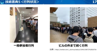 1717技術書典5＜行列状況＞
出典：https://twitter.com/_utomica/status/1049119872762826754
一般参加者行列 ビルの外まで続く行列
 