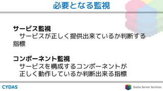 必要となる監視
サービス監視
サービスが正しく提供出来ているか判断する
指標
コンポーネント監視
サービスを構成するコンポーネントが
正しく動作しているか判断出来る指標
 