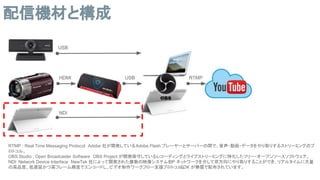 配信機材と構成
RTMP : Real Time Messaging Protocol　Adobe 社が開発しているAdobe Flash プレーヤーとサーバーの間で、音声・動画・データをやり取りするストリーミングのプ
ロトコル。
OBS Studio : Open Broadcaster Software　OBS Project が開発保守しているレコーディングとライブストリーミングに特化したフリー・オープンソースソフトウェア。
NDI: Network Device Interface　NewTek 社によって開発された複数の映像システムをIP ネットワークを介して双方向にやり取りすることができ、リアルタイムに大量
の高品質、低遅延かつ高フレーム精度でエンコードし、ビデオ制作ワークフロー支援プロトコル。SDK が無償で配布されています。
 