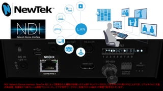 NDI: Network Device Interface　NewTek 社によって開発された複数の映像システムをIP ネットワークを介して双方向にやり取りすることができ、リアルタイムに大量
の高品質、低遅延かつ高フレーム精度でエンコードし、ビデオ制作ワークフロー支援プロトコル。SDK が無償で配布されています。
 