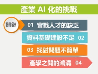 01 實戰人才的缺乏
02資料基礎建設不足
03 找對問題不簡單
04產學之間的鴻溝
產業 AI 化的挑戰
關鍵
 
