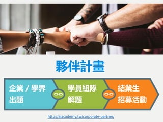 夥伴計畫
企業 / 學界
出題
學員組隊
解題
結業生
招募活動
http://aiacademy.tw/corporate-partner/
 