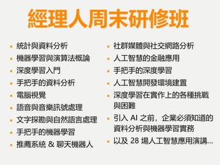 經理人周末研修班
統計與資料分析
機器學習與演算法概論
深度學習入門
手把手的資料分析
電腦視覺
語音與音樂訊號處理
文字探勘與自然語言處理
手把手的機器學習
推薦系統 & 聊天機器人
社群媒體與社交網路分析
人工智慧的金融應用
手把手的深度學習
人工智慧開發環境建置
深度學習在實作上的各種挑戰
與困難
引入 AI 之前，企業必須知道的
資料分析與機器學習實務
以及 28 場人工智慧應用演講…
 