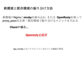 新環境と既存環境の振り分け方法
新環境のNginxにmrubyを組み込む または OpenRestyを使って
proxy_pass先を新・既存環境で振り分けるロジックを入れる
Classiの場合...
Openrestyを採用
ngx_mrubyと比べてビルトインされている機能が豊富
 
