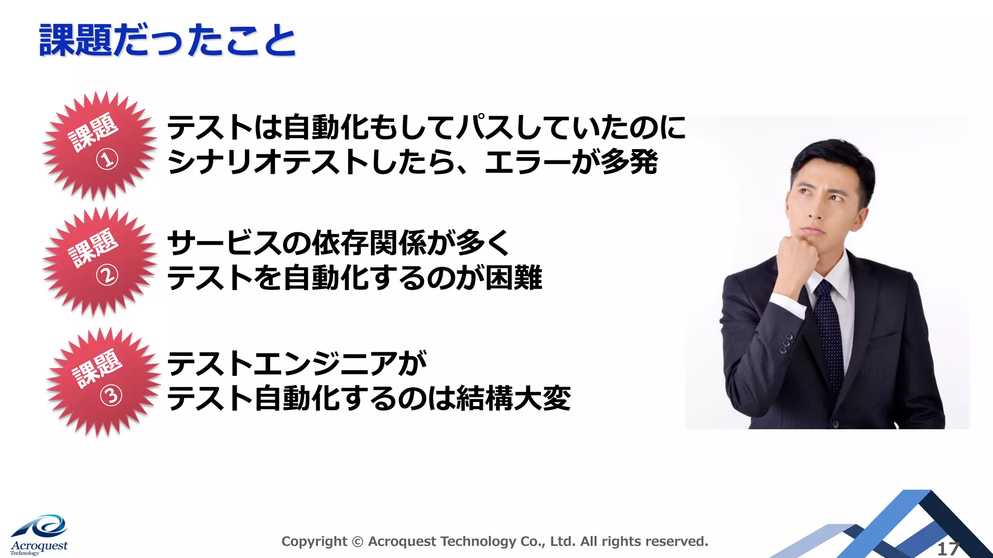 課題だったこと
Copyright © Acroquest Technology Co., Ltd. All rights reserved.
17
テストは自動化もしてパスしていたのに
シナリオテストしたら、エラーが多発
サービスの依存関係が多く
テストを自動化するのが困難
テストエンジニアが
テスト自動化するのは結構大変
 