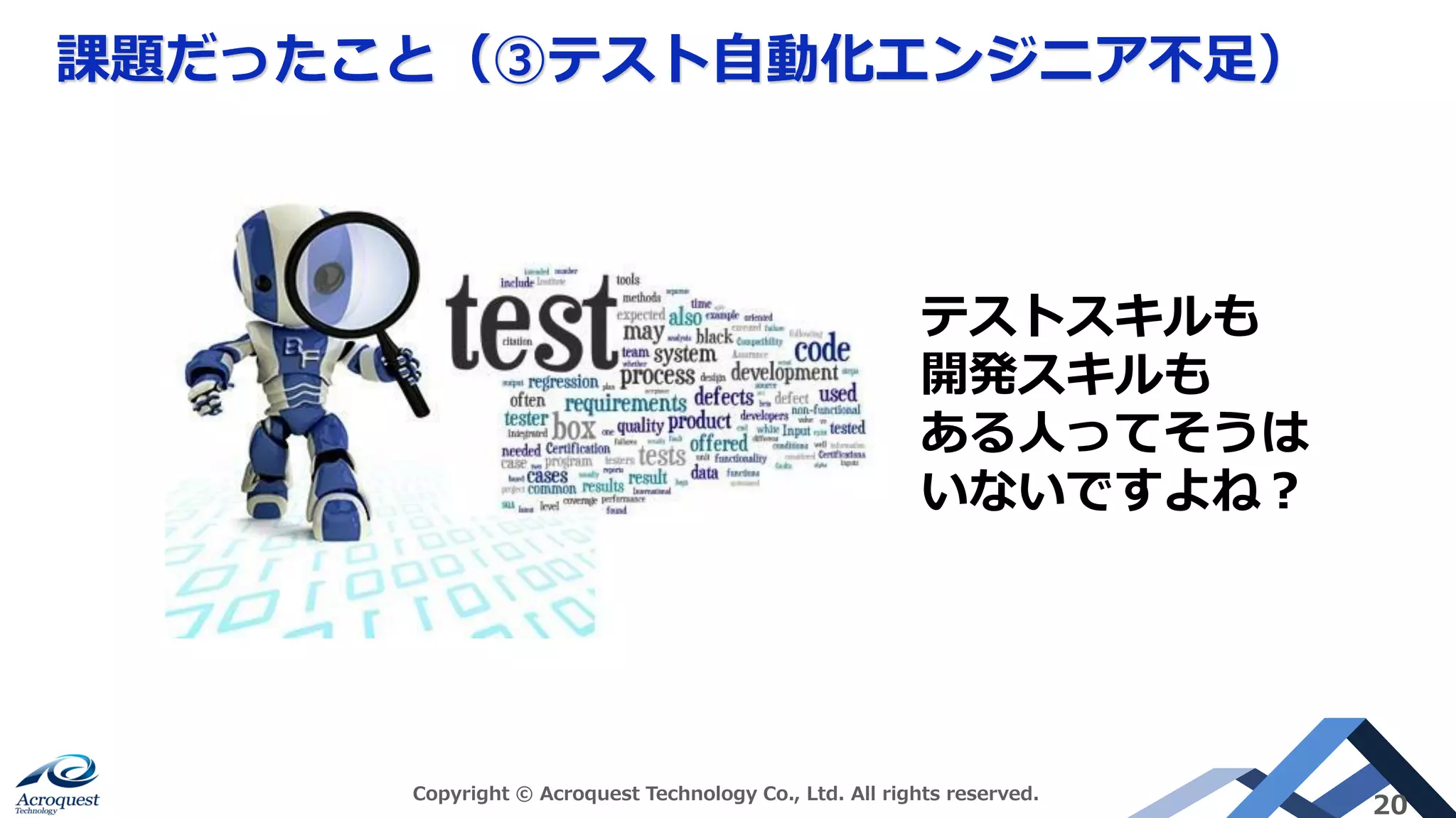 課題だったこと（③テスト自動化エンジニア不足）
Copyright © Acroquest Technology Co., Ltd. All rights reserved.
20
テストスキルも
開発スキルも
ある人ってそうは
いないですよね？
 