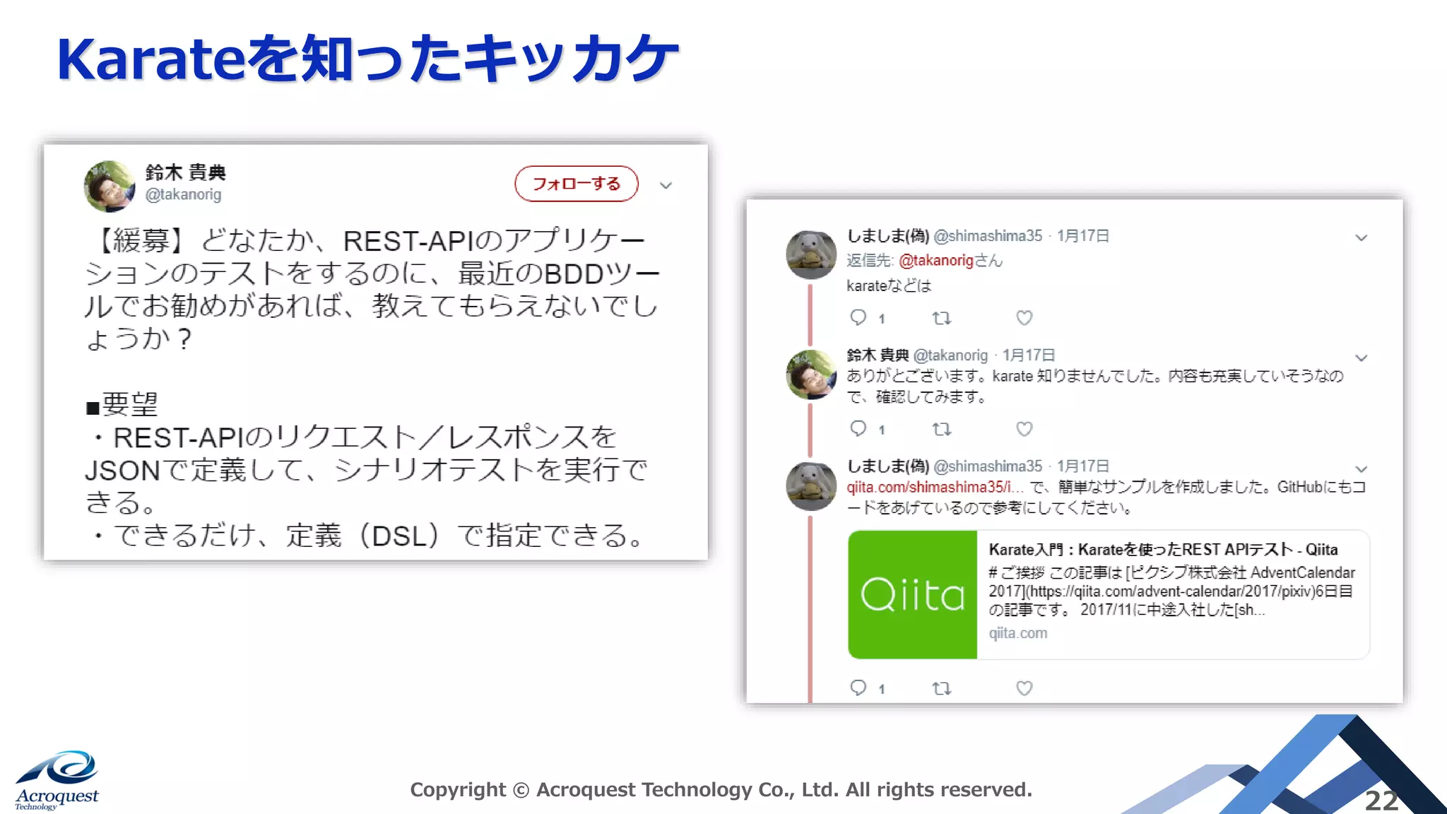 Karateを知ったキッカケ
Copyright © Acroquest Technology Co., Ltd. All rights reserved.
22
 