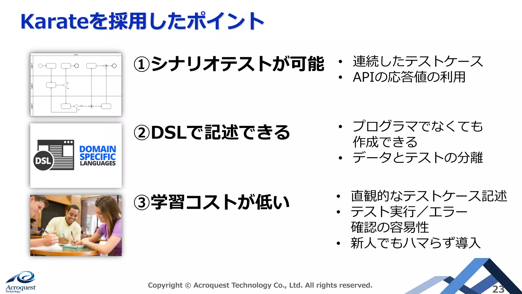 Karateを採用したポイント
Copyright © Acroquest Technology Co., Ltd. All rights reserved.
23
③学習コストが低い • 直観的なテストケース記述
• テスト実行／エラー
確認の容易性
• 新人でもハマらず導入
①シナリオテストが可能 • 連続したテストケース
• APIの応答値の利用
②DSLで記述できる • プログラマでなくても
作成できる
• データとテストの分離
 