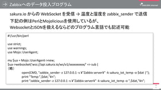 Zabbixへのデータ投入プログラム
10
4
sakura.io からの WebSocket を受信 → 温度と湿度を zabbix_sender で送信
下記の例はPerlとMojoliciousを使用しているが、
WebsocketとJS...