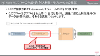 Node-REDフローの作成（デバイス制御 – モジュールIDの指定）
• LEDが接続されているsakura.ioモジュールのIDを指定します。
• このフローはデプロイされた時に1回だけ動作し、用途に応じた制御用JSON
データを8個作成し...