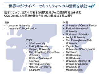 世界中がサイバーセキュリティへのAI活用を検討
欧州
• Lancaster University
• University College London
米国
• University of Central Florida
• Florida International
University
• Northwest University
• Lehigh University
• The Pennsylvania State
University
• Virginia Tech
• University of Pennsylvania
• Symantec
• UC Riverside
• UC Berkeley
• University of Illinois at
Urbana-Champaign
• University of
Massachusetts
アジア
• Inha University
• Peking University
• Zhejiang University
• The Hong Kong Polytechnic
University
• Chinese Academy of
Sciences
• Hanyang University
• National University of
Singapore
近年になって、世界中の著名な研究組織がAIの適用可能性を模索
CCS 2018にてAI関連の報告を実施した組織は下記の通り
 