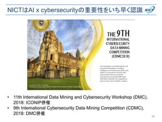 NICTはAI x cybersecurityの重要性をいち早く認識
26
• 11th International Data Mining and Cybersecurity Workshop (DMC),
2018: ICONIP併催
• 9th International Cybersecurity Data Mining Competition (CDMC),
2018: DMC併催
 