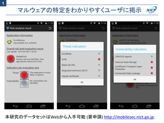 マルウェアの特定をわかりやすくユーザに掲示
本研究のデータセットはWebから入手可能 (要申請) http://mobilesec.nict.go.jp.
1
 