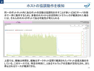 ホストの協調動作を検知
38
上図では、横軸は時間を、縦軸はダークネット空間で観測されたパケット送信元数を示
している。このケースでは、特定の時刻に、とあるマルウェアの活動が活性化され、また
停止されるケースが観測できる。
同一のボットネット内にあるボットの活動は協調性を示すことが多い (C&Cサーバの指
示で一斉に動作するため). 多数のホストからほぼ同時にトラフィックが観測された場合
には、それらのホストがボットである可能性が考えられる
2
 