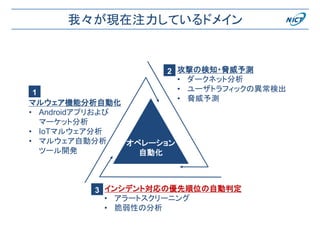 我々が現在注力しているドメイン
オペレーション
自動化
インシデント対応の優先順位の自動判定
• アラートスクリーニング
• 脆弱性の分析
マルウェア機能分析自動化
• Androidアプリおよび
マーケット分析
• IoTマルウェア分析
• マルウェア自動分析
ツール開発
攻撃の検知・脅威予測
• ダークネット分析
• ユーザトラフィックの異常検出
• 脅威予測
1
2
3
 