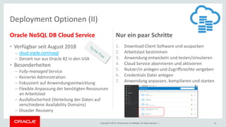 Copyright © 2018, Oracle and/or its affiliates. All rights reserved. |
Oracle NoSQL DB Cloud Service
• Verfügbar seit August 2018
– cloud.oracle.com/nosql
– Derzeit nur aus Oracle RZ in den USA
• Besonderheiten
– Fully-managed Service
– Keinerlei Administration
– Fokussiert auf Anwendungsentwicklung
– Flexible Anpassung der benötigten Ressourcen
an Arbeitslast
– Ausfallsicherheit (Verteilung der Daten auf
verschiedene Availability Domains)
– Disaster Recovery
Nur ein paar Schritte
1. Download Client Software und auspacken
2. Arbeitslast bestimmen
3. Anwendung entwickeln und testen/simulieren
4. Cloud Service abonnieren und aktivieren
5. Nutzer/in anlegen und Zugriffsrechte vergeben
6. Credentials Datei anlegen
7. Anwendung anpassen, kompilieren und starten
20
Deployment Optionen (II)
 