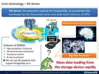 Features of RDBMS
✓ High-availability / Clustering
✓ DB administration and backup
✓ Transaction control
✓ BI and visualization
➔ We can use the products that
support PostgreSQL as-is.
Core technology – PG-Strom
PG-Strom: An extension module for PostgreSQL, to accelerate SQL
workloads by the thousands cores and wide-band memory of GPU.
GPU
Big-data Analytics
PG-Strom
NVME and GPU accelerates PostgreSQL beyond the limitation -PGconf.EU 2018-3
Mass data loading from
the storage device rapidly
Machine-learning & Statistics
 