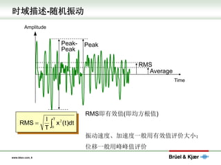 www.bksv.com, 6
时域描述-随机振动
Average
RMS
Amplitude
Time
Peak
Peak-
Peak
dt
)
t
(
x
T
RMS
T

=
0
2
1
RMS即有效值(即均方根值)
振动速度、加速度一般用有效值评价大小；
位移一般用峰峰值评价
 