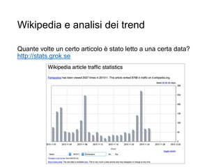 Wikipedia e analisi dei trend
Quante volte un certo articolo è stato letto a una certa data?
http://stats.grok.se
10
 