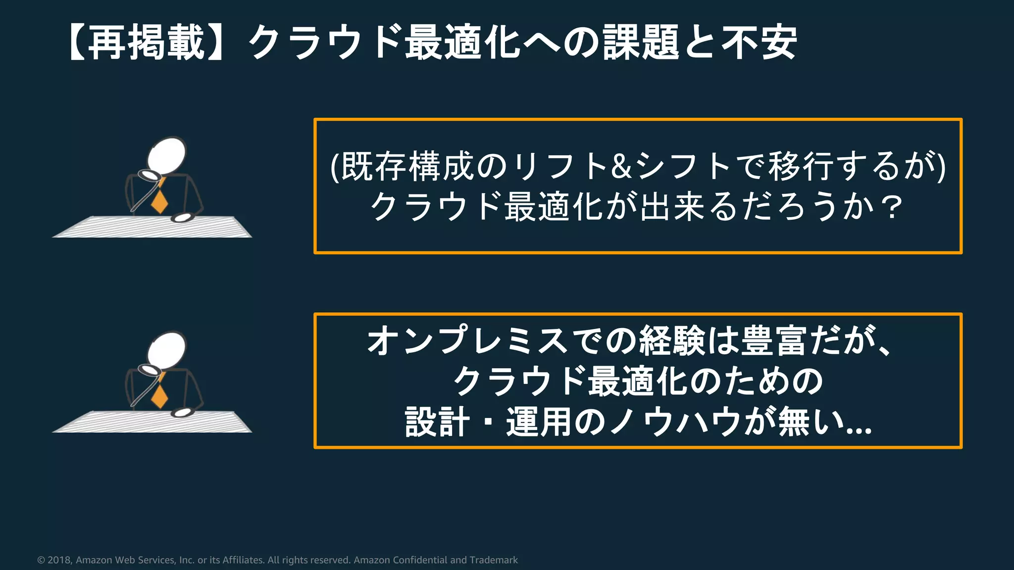 © 2018, Amazon Web Services, Inc. or its Affiliates. All rights reserved. Amazon Confidential and Trademark
【再掲載】クラウド最適化への課題と不安
(既存構成のリフト&シフトで移行するが)
クラウド最適化が出来るだろうか？
オンプレミスでの経験は豊富だが、
クラウド最適化のための
設計・運用のノウハウが無い…
 